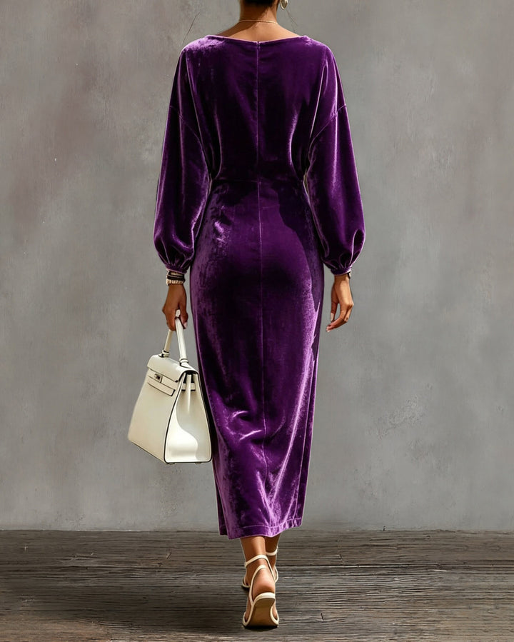 Cowl Neck Batwing Long Sleeve Velvet Midi Dress