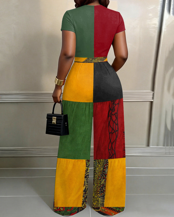 Reggae Color Blocking Print High Waist Wide-leg Women's Two-piece Set
