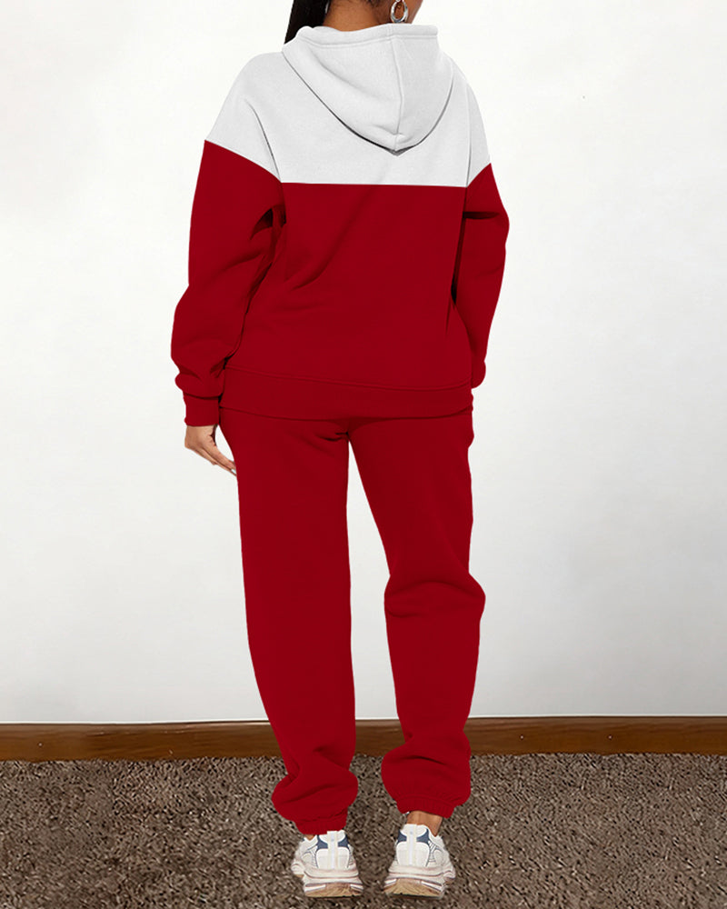 Color-blocked Striped Lettering Pink Hooded Two Pieces Set