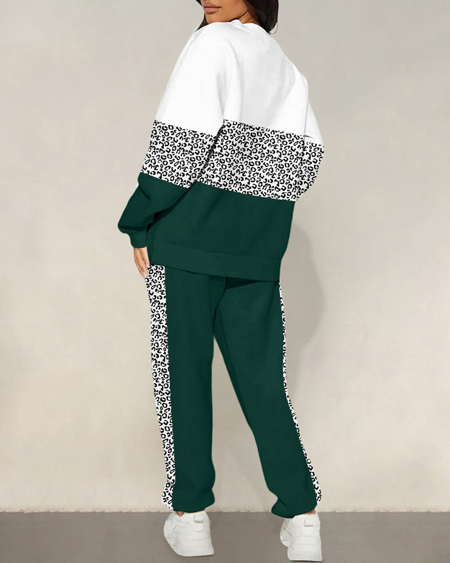 Leopard Stripe Patchwork Crew Neck Sweatshirt Two Pieces Set