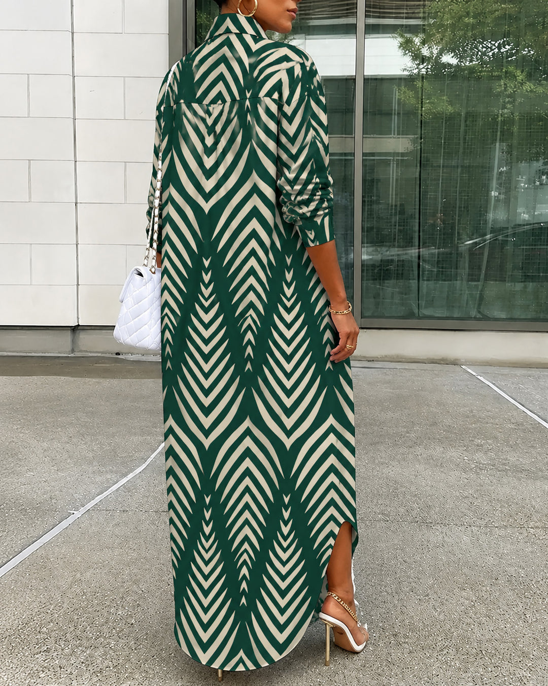 Irregular Stripe All-over Print Collared Button-Front Shirt Maxi Dress