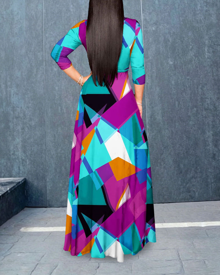 Color‑blocked Geometric Plaid V‑Neck Tie‑Strap Dress