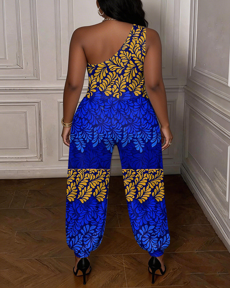 Leaf-patterned Color-blocked Printing One-shoulder Jumpsuit