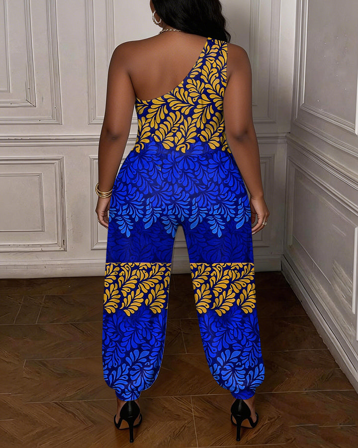 Leaf-patterned Color-blocked Printing One-shoulder Jumpsuit