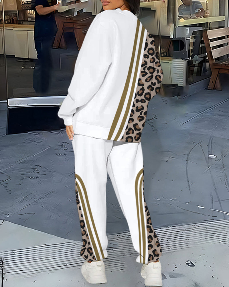 Leopard Stripe Patchwork Crew Neck Sweatshirt Two Pieces Set