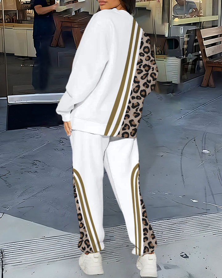 Leopard Stripe Patchwork Crew Neck Sweatshirt Two Pieces Set