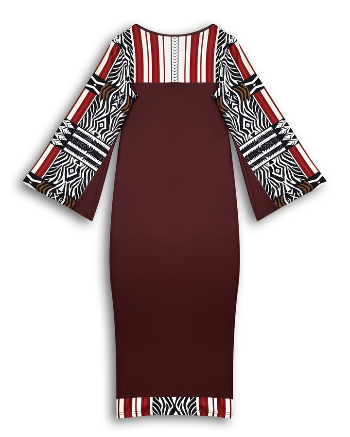 Geometric Totem Splicing Round Neck Bell Sleeve Bodycon Long Dress