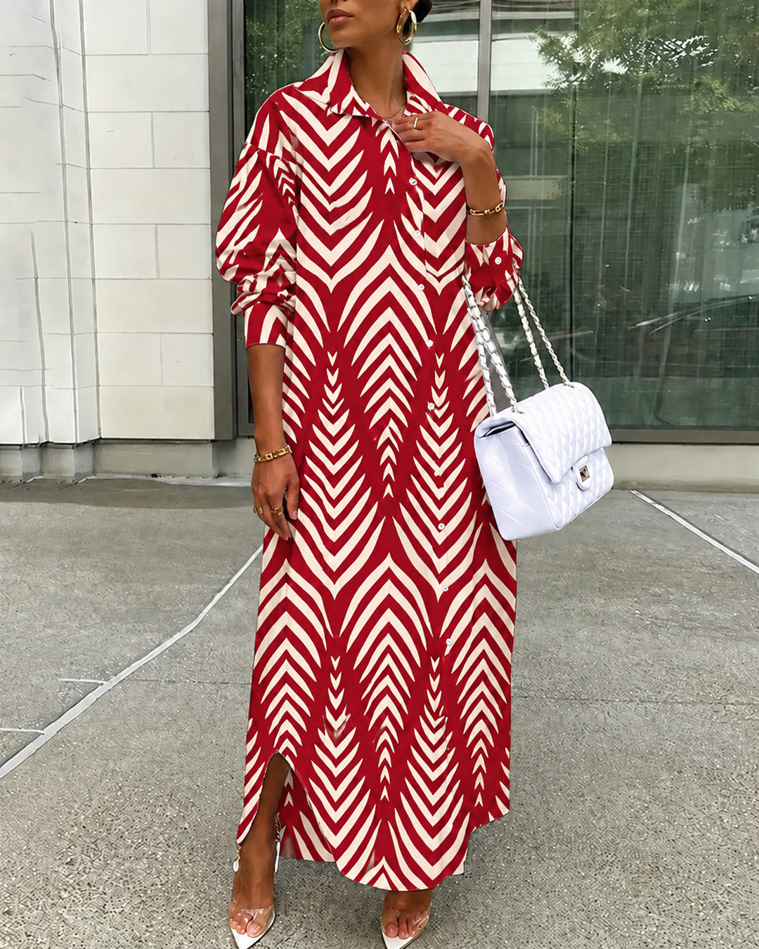 Irregular Stripe All-over Print Collared Button-Front Shirt Maxi Dress