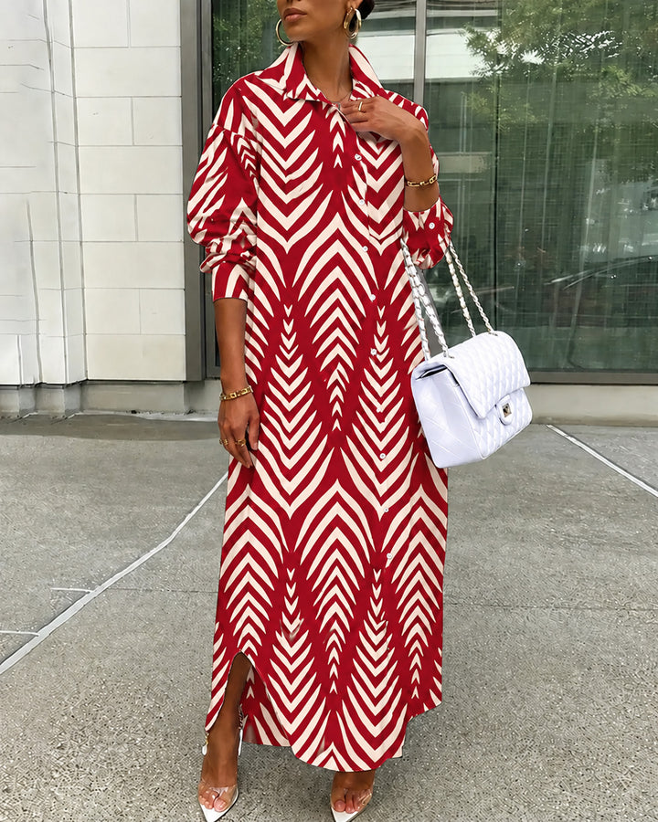 Irregular Stripe All-over Print Collared Button-Front Shirt Maxi Dress