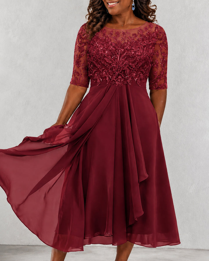 Women's Short Sleeve V-Neck Embroidery Lace Chiffon Dress