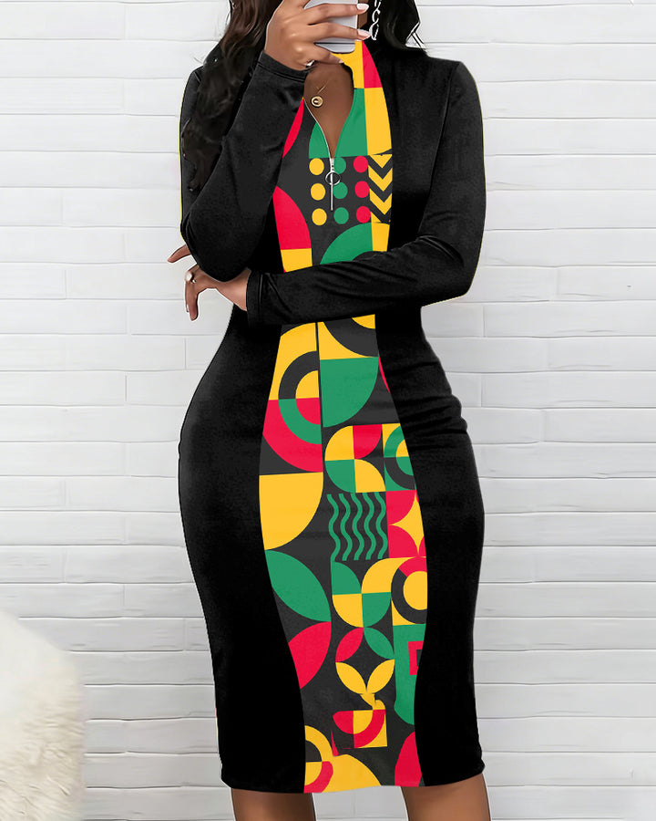 Reggae Geometric Print Zipper Stand Collar Long Sleeve Bodycon Dress
