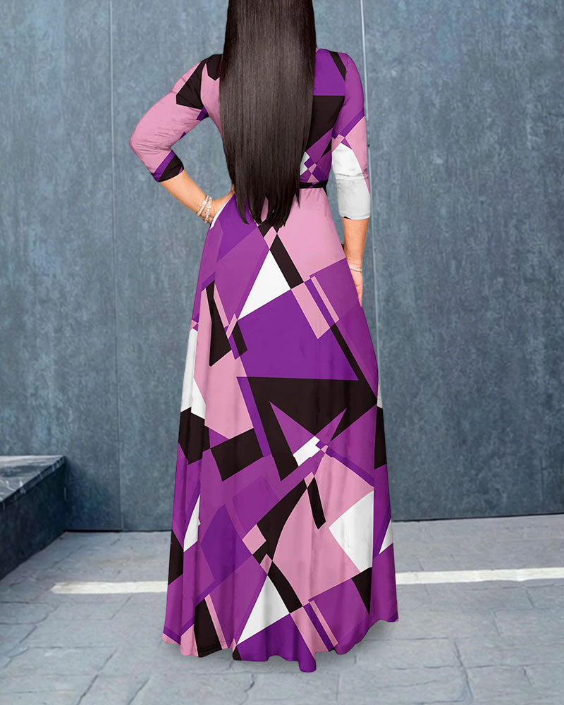 Color‑blocked Geometric Plaid V‑Neck Tie‑Strap Dress