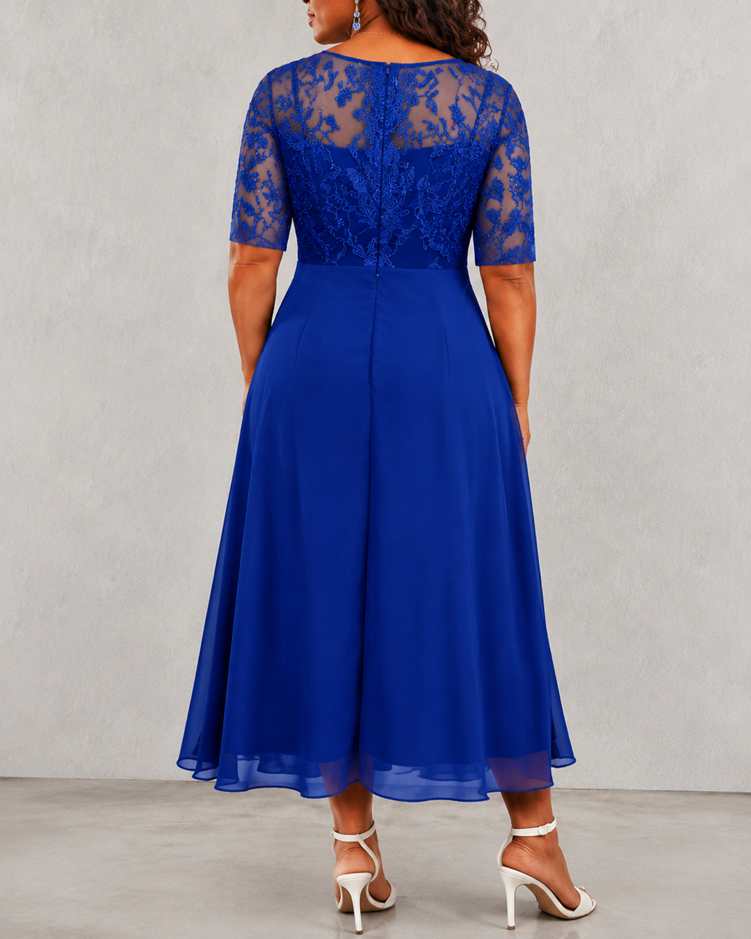 Women's Short Sleeve V-Neck Embroidery Lace Chiffon Dress