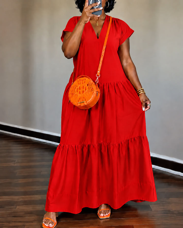Solid Color V-neck Short-sleeved Dress with Ruffled Hem
