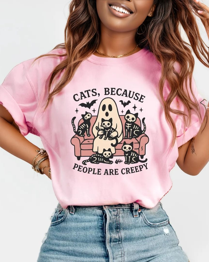Halloween Cats Because People Are Creepy 100% Cotton Crew Neck Short Sleeve Tshirt