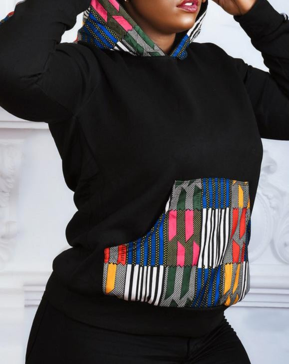 Contrasting Color Blocks African Print Long Sleeves Hoodie