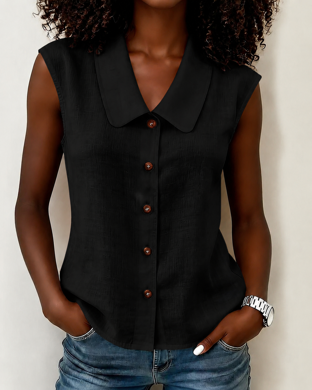 Simple Doll Collar Button Down Sleeveless Cotton Linen Shirt