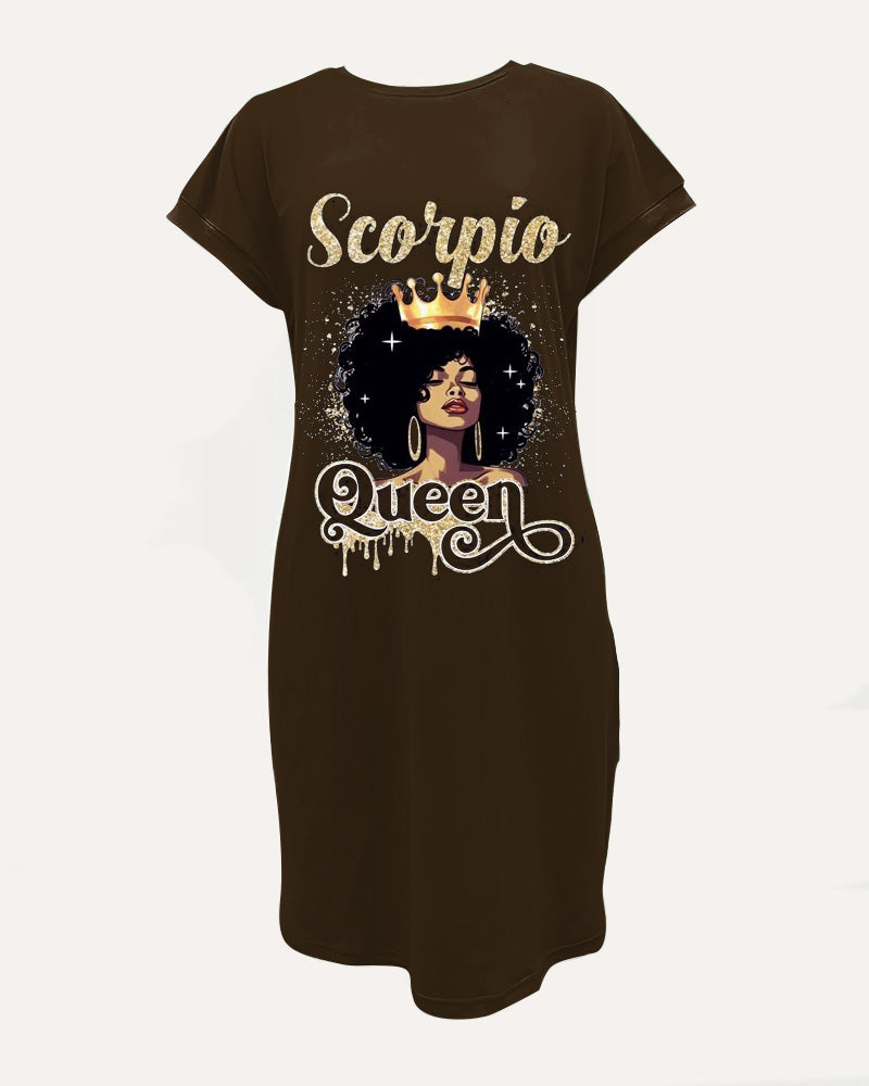 Crewneck Raglan-Sleeve Pocket Dress with Cartoon and Letter Prints