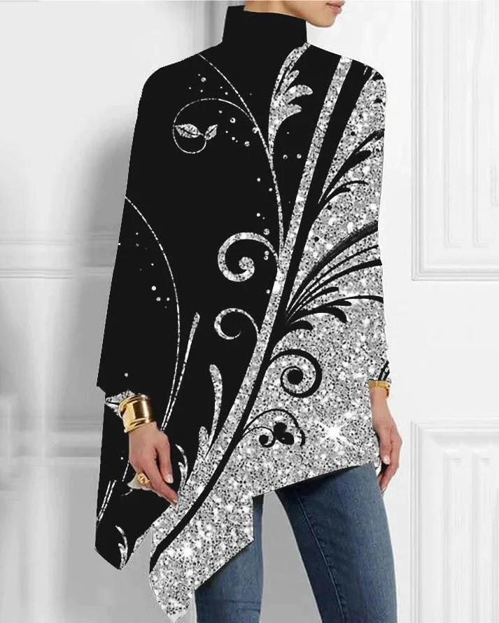 Sequined Floral Patchwork Half Turtleneck Hem Top