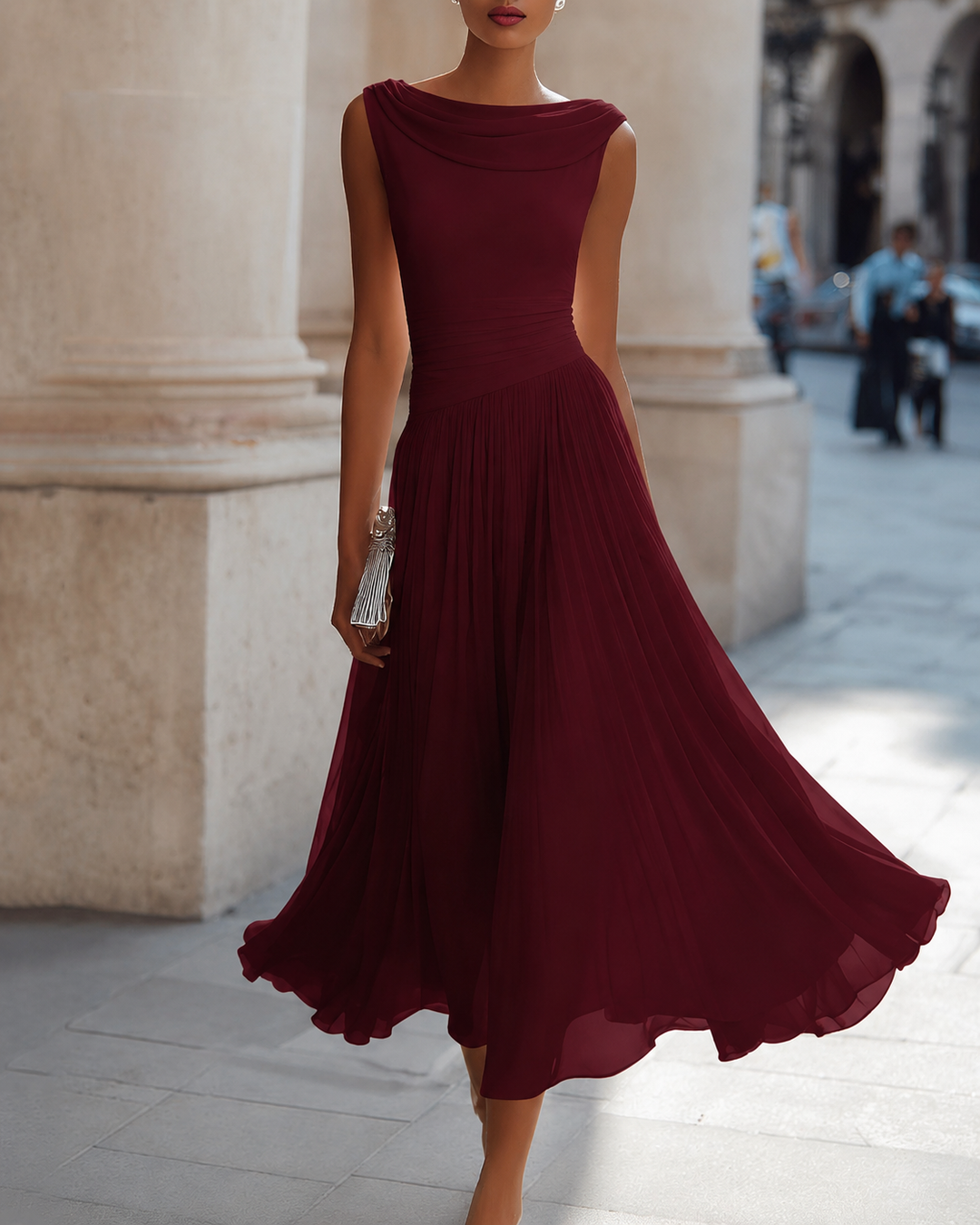 Draped Neck Sleeveless Pleated Maxi Dress
