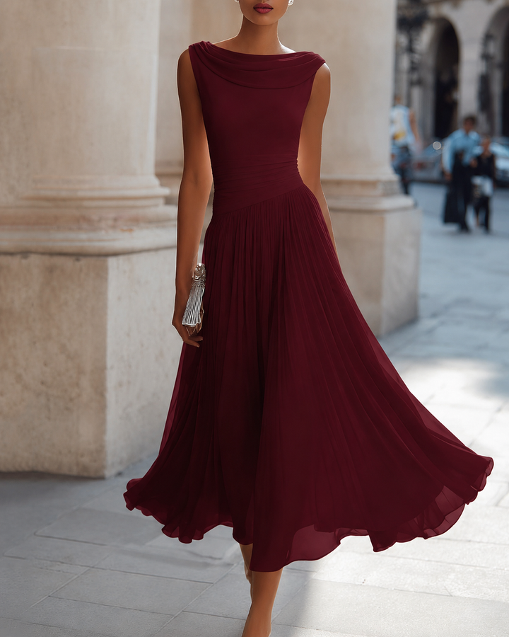 Draped Neck Sleeveless Pleated Maxi Dress