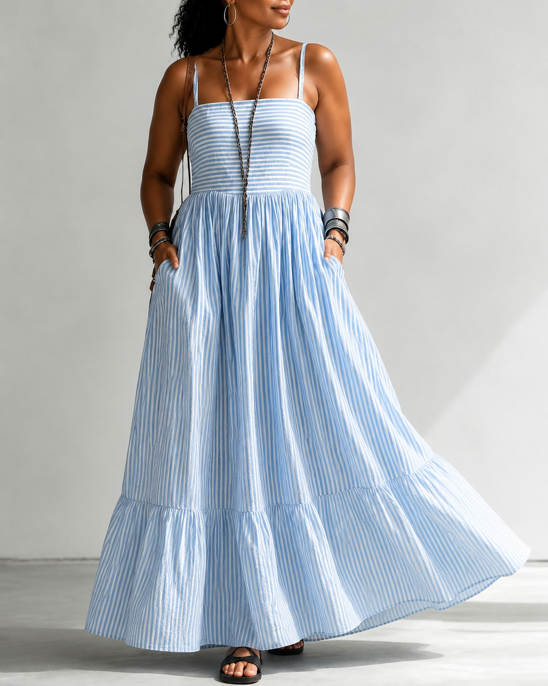 Casual Striped Print High-waisted Pocket Maxi Dress