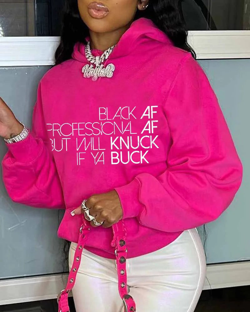 Hooded Simple Letter Print Ladies Long Sleeve Top