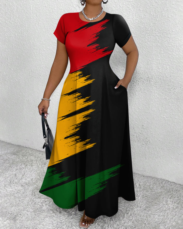 Reggae Graffiti Colors Round Neck Short Sleeve Maxi Dress