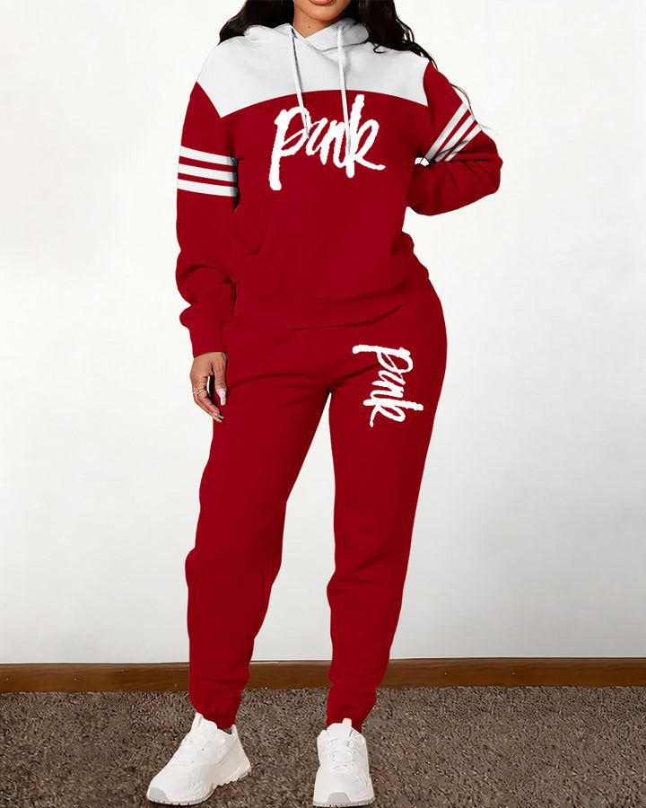 Color-blocked Striped Lettering Pink Hooded Two Pieces Set