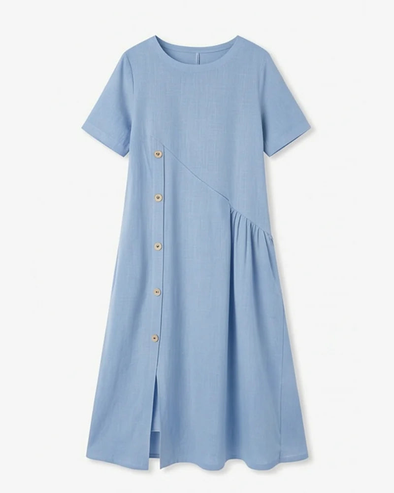 Cotton-Linen Asymmetric Button Midi Dress