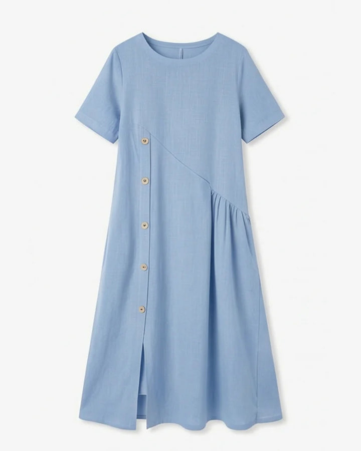 Cotton-Linen Asymmetric Button Midi Dress