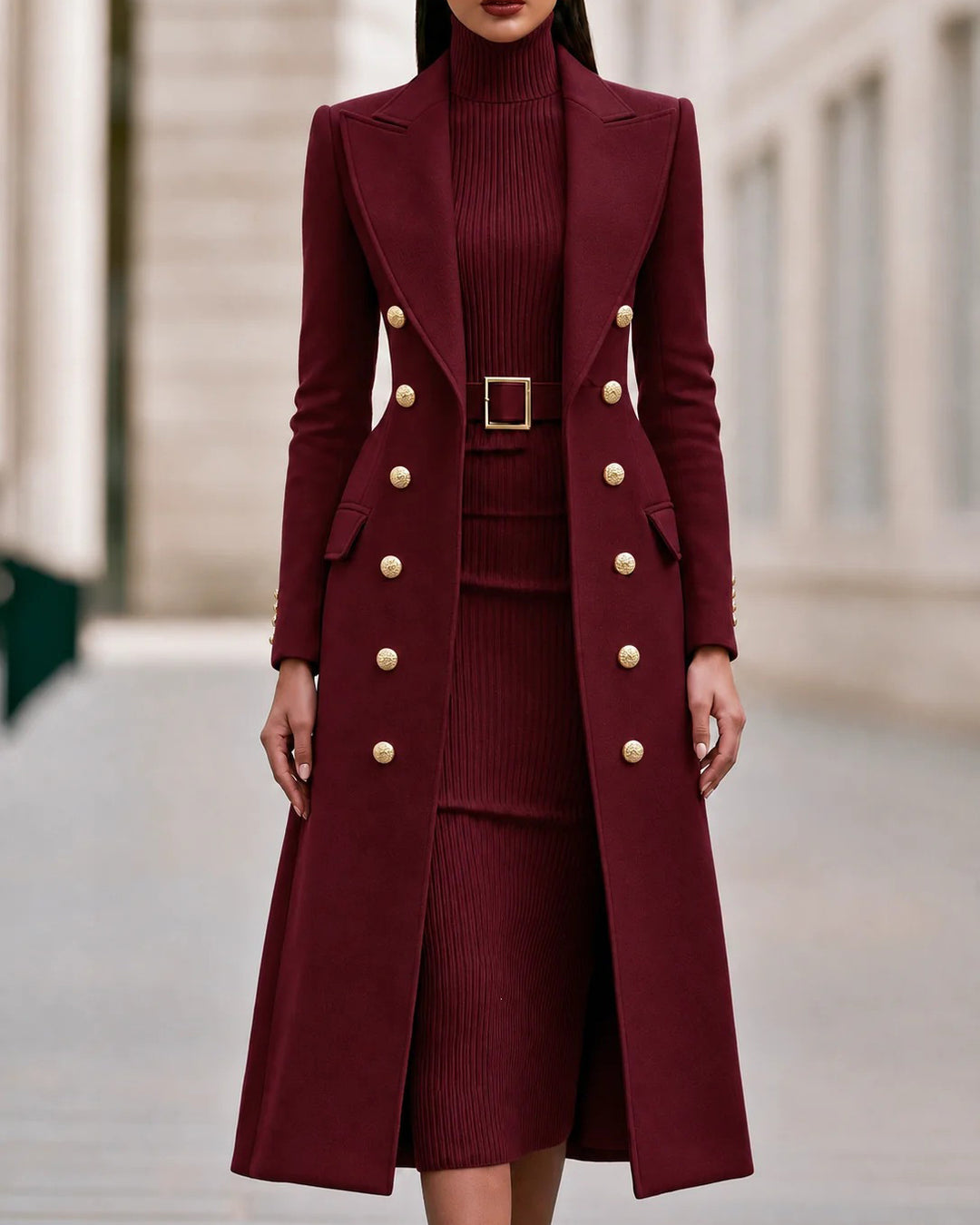 Women's Two-piece Set Double Breasted Wool Blend Maxi Coat+High-neck Knit Dress