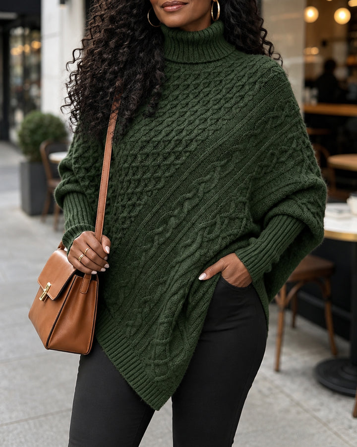 Turtleneck Batwing Sleeve Asymmetric Hem Chunky Knit Pullover