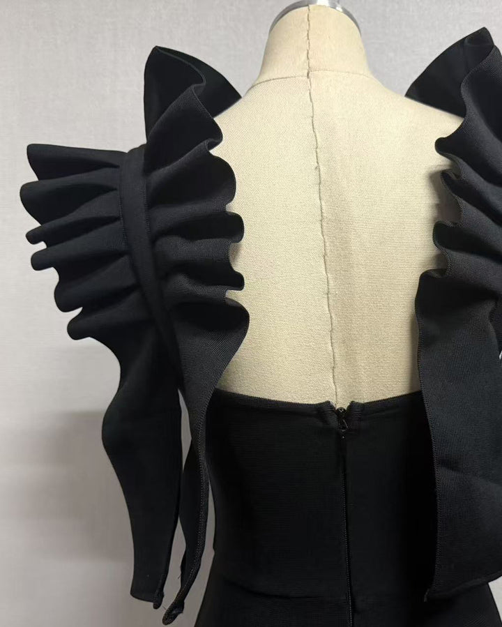 Off‑Shoulder Pleated Ruffle Sleeve Black Rhinestone Mermaid Maxi Gown