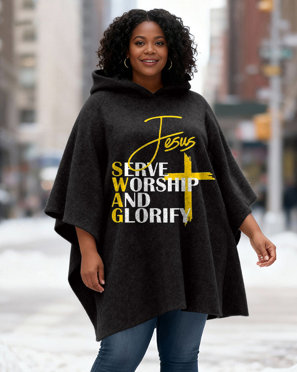 Jesus SWAG Print Fleece Hooded Loose Cape
