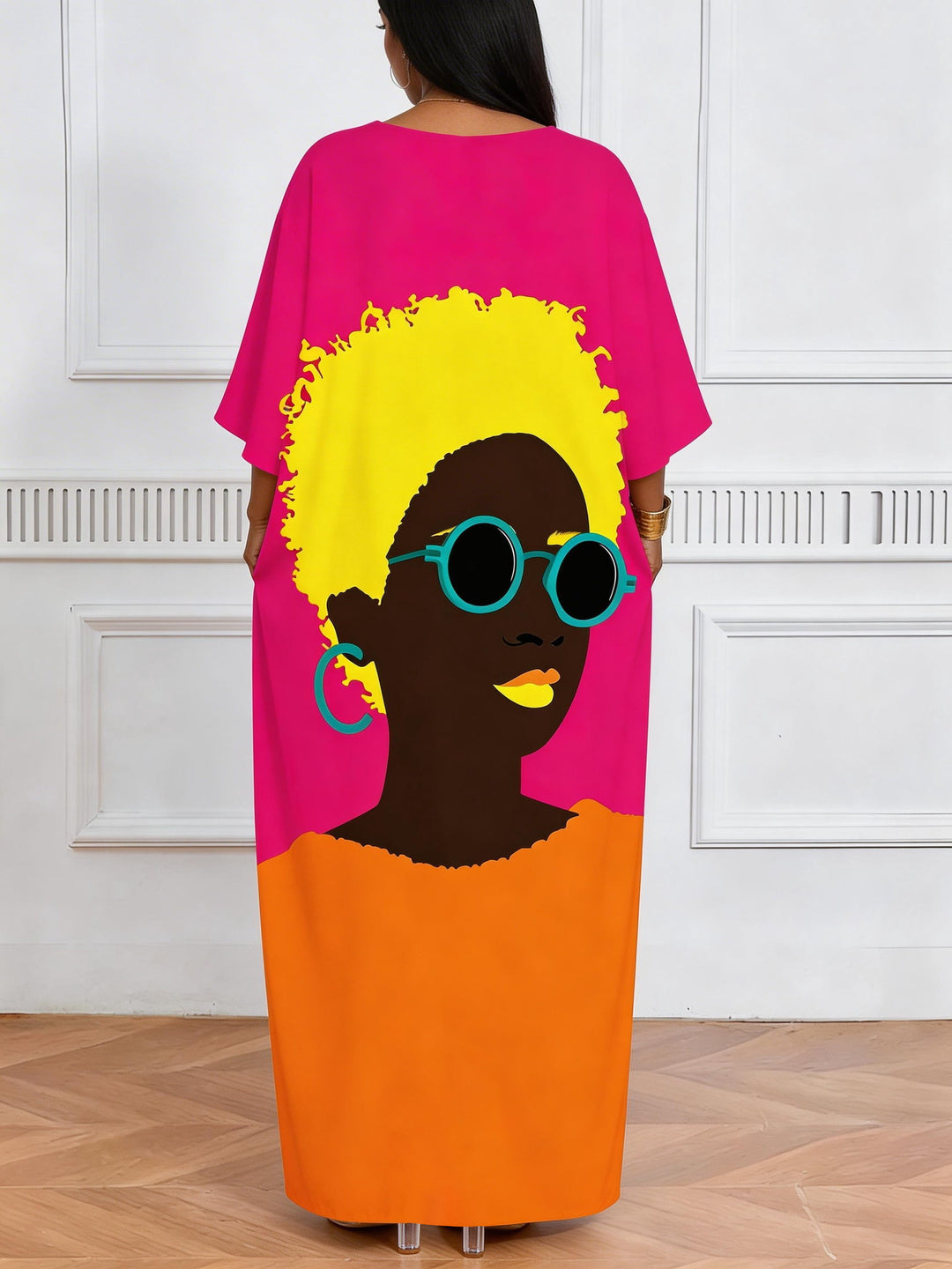 Contrast Sunglasses Afro Figure Print V-Neck Elegant Dress