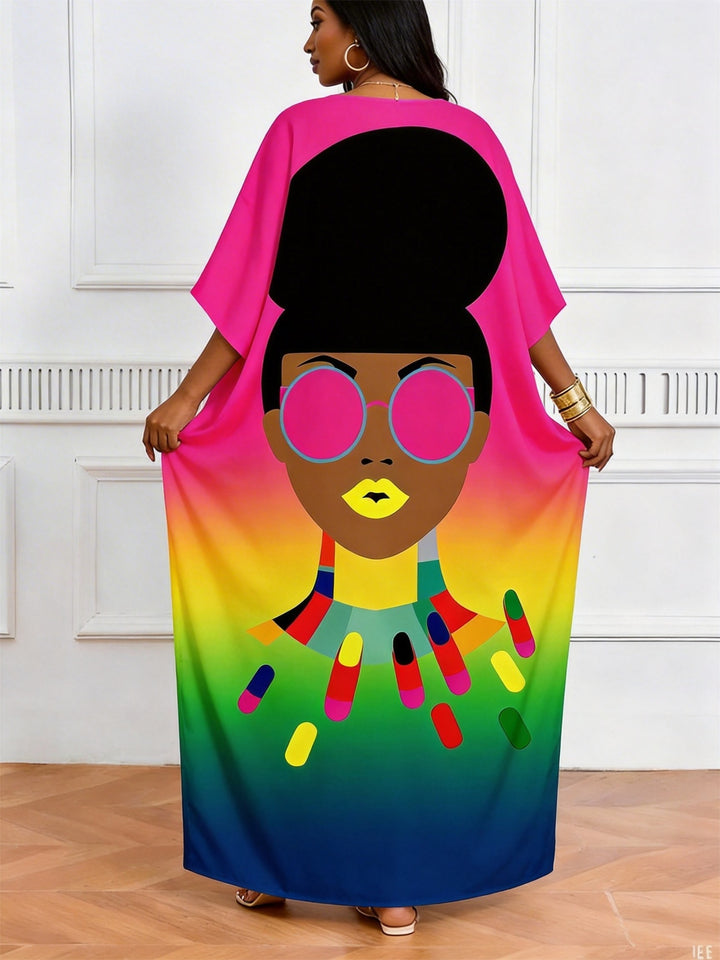Colorful Neon Black Head Like Print V-Neck Elegant Dress