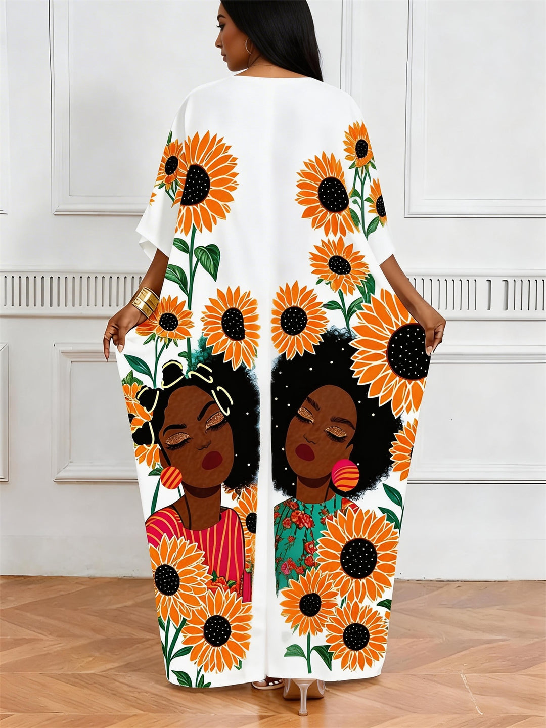 Sunflower Black Girl Print V-Neck Elegant Dress