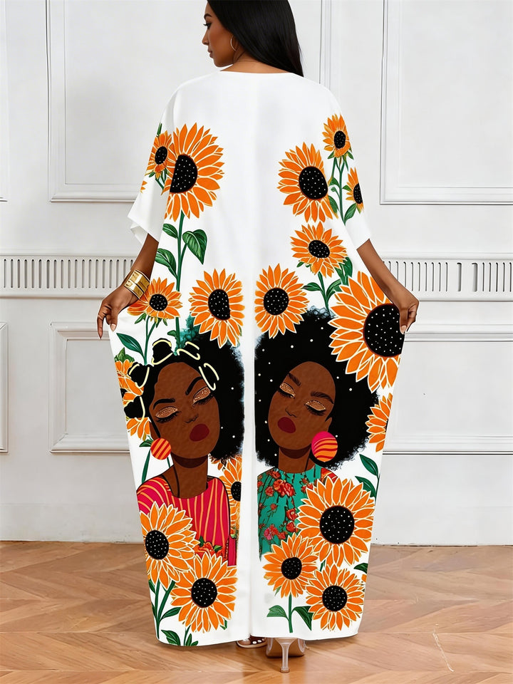 Sunflower Black Girl Print V-Neck Elegant Dress