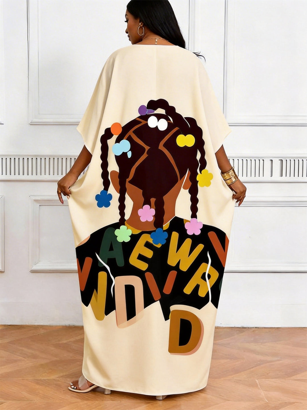 Colored Braid Girl Letter Print V-Neck Elegant Dress