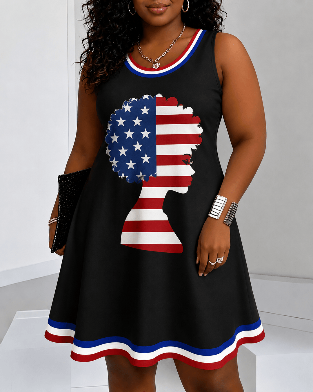 Black Women Celebrating The 250th Anniversary Print Round Neck Sleeveless Mini Casual Dress