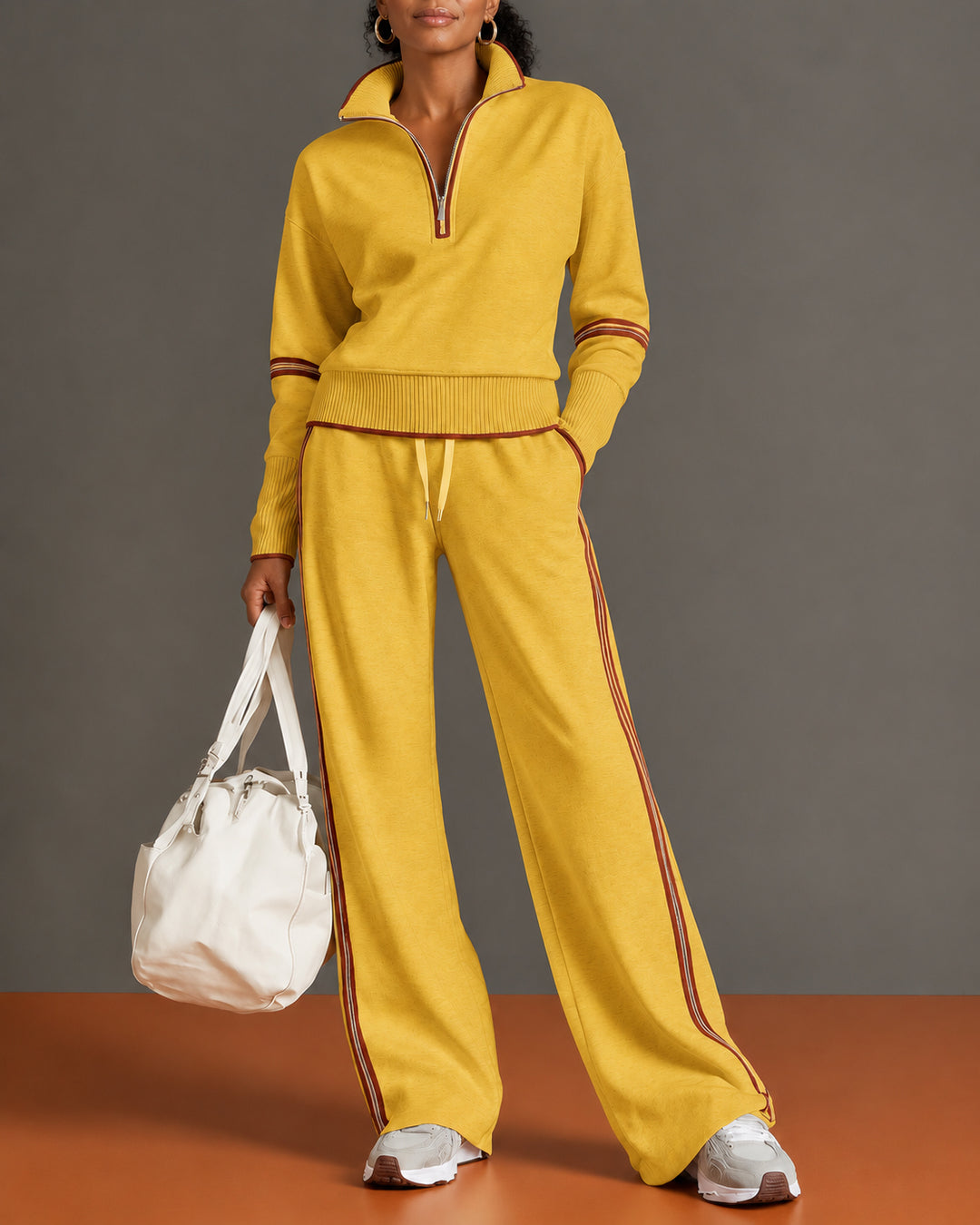 Women's Zip Collar 2 Piece Tracksuit Outfit Set