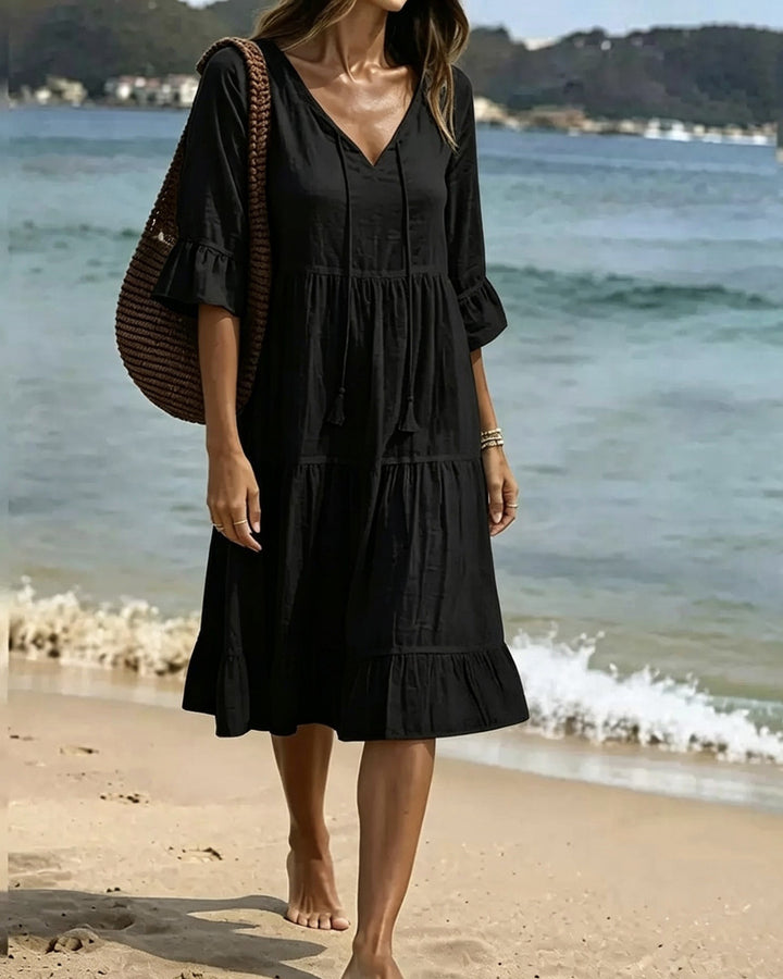 Solid Color Cotton Linen Tiered V-Neck Tie Waist A-Line Dress