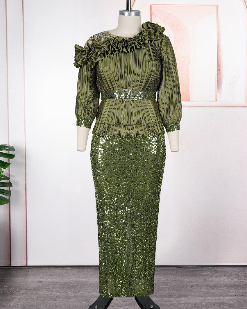 Plus‑Size Pleated Ruffle Peplum Sequin Maxi Dress