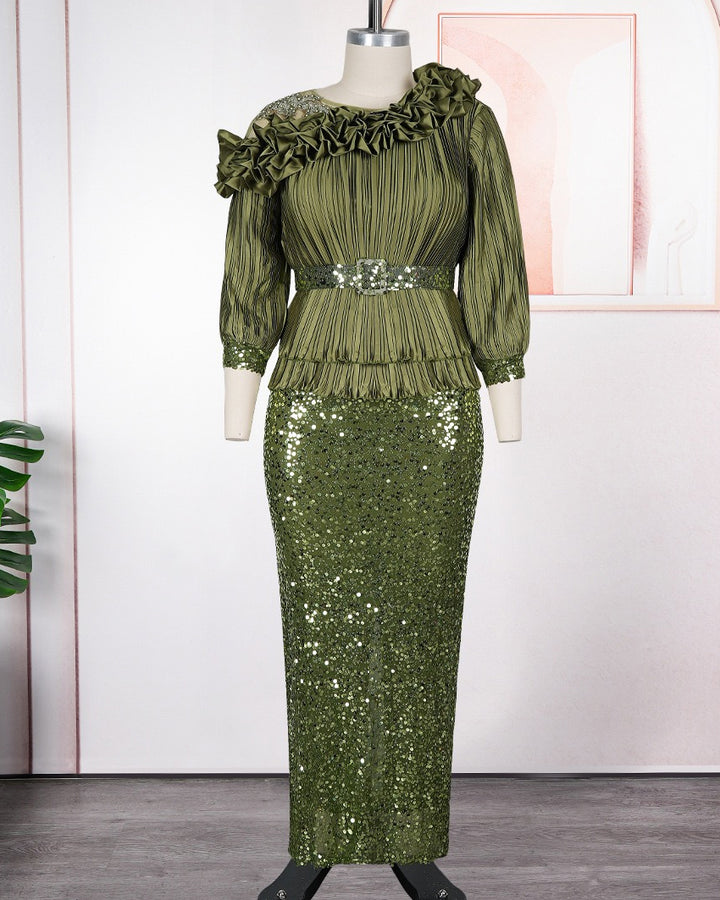Plus‑Size Pleated Ruffle Peplum Sequin Maxi Dress
