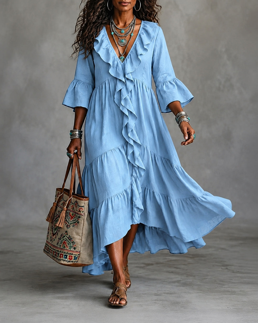 V-Neck Lace Spliced 3/4 Flare Sleeve Ruffled Vintage Dress