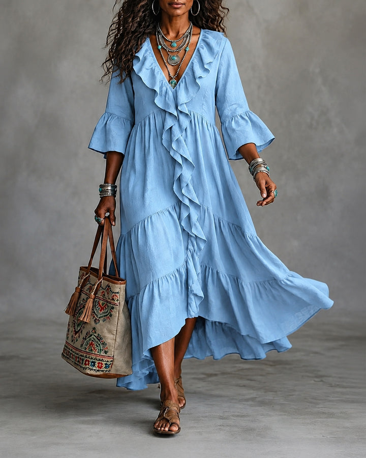 V-Neck Lace Spliced 3/4 Flare Sleeve Ruffled Vintage Dress
