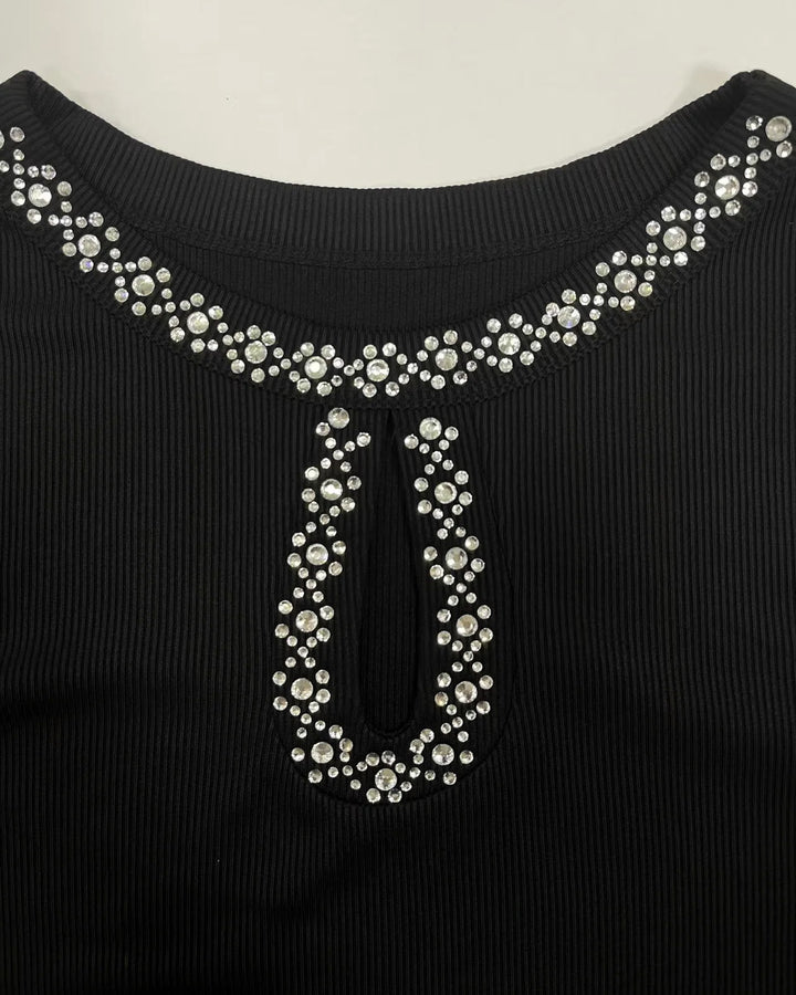 Women Rhinestone Keyhole Cutout Long Sleeve Top