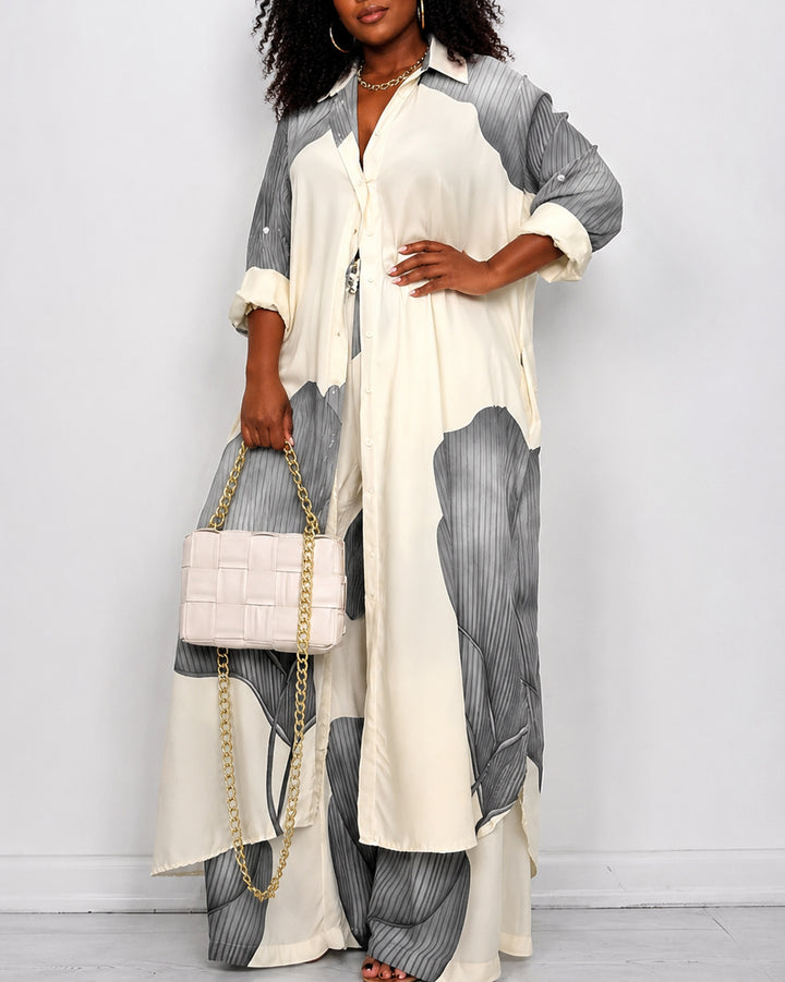 Casual Loose-fitting Shirt and Wide-leg Trousers Two-piece Set