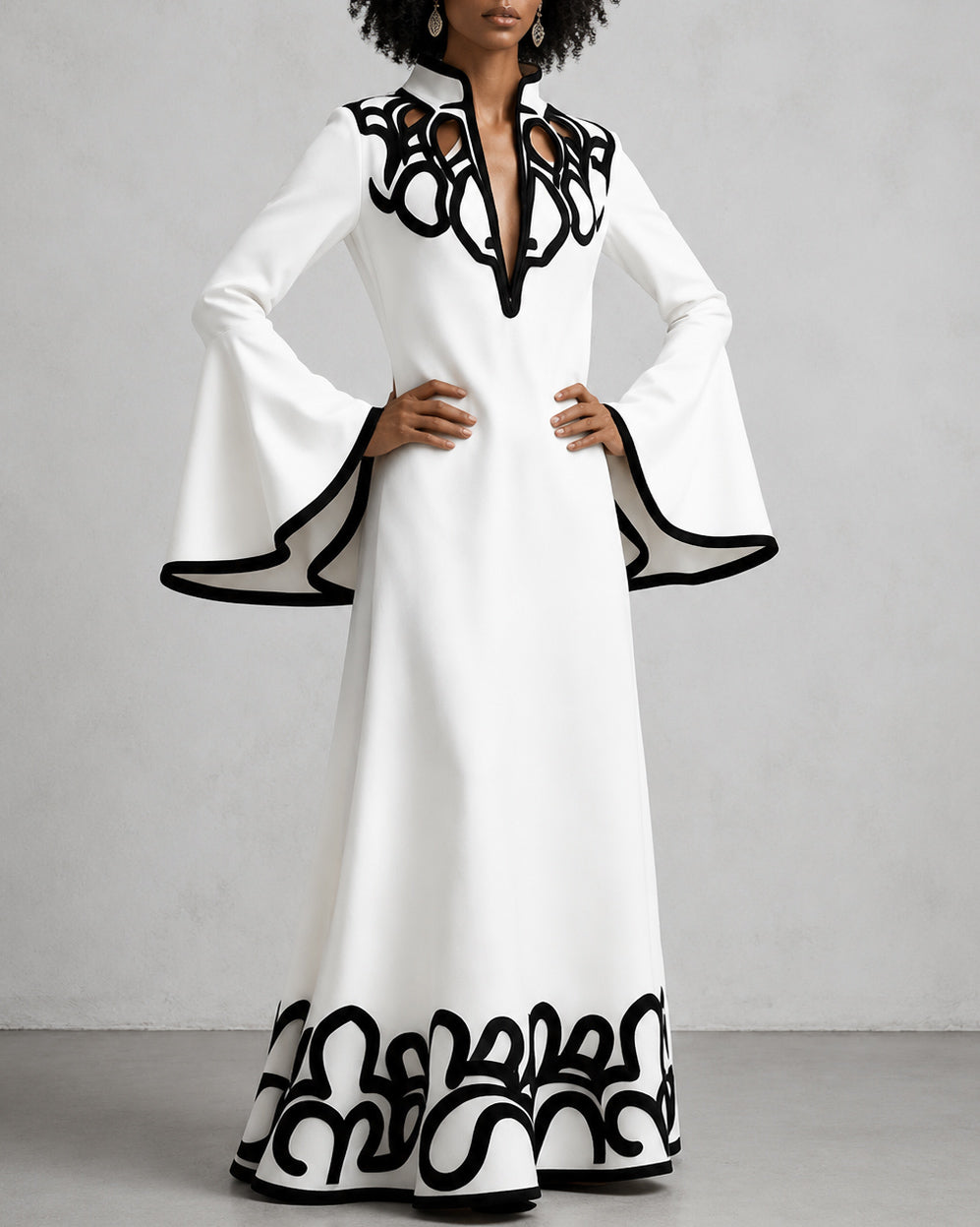 Flared Sleeves Loose Contrast Color Hollow Stand Collar Maxi Dresses